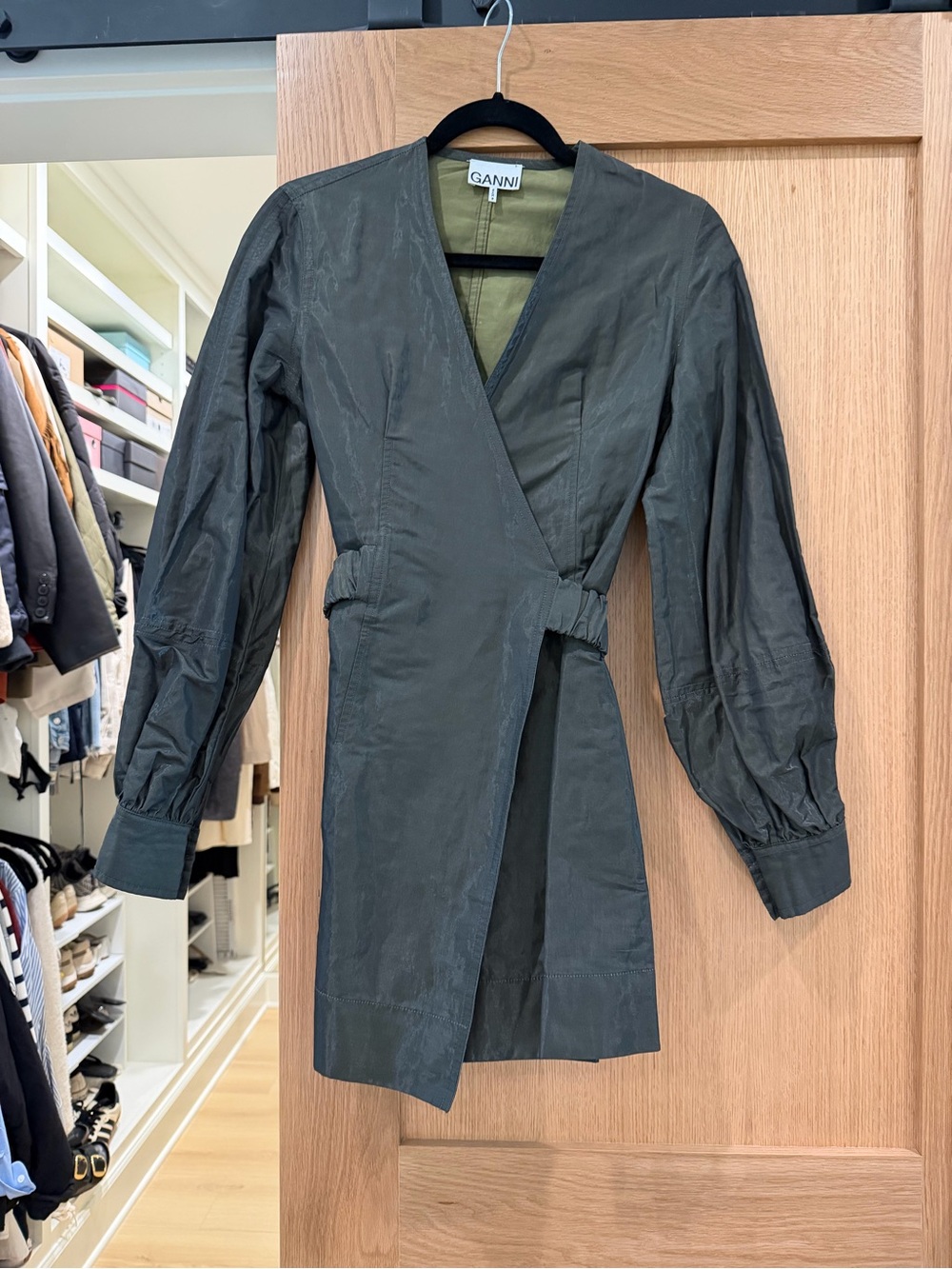 Ganni Dark Olive Wrap Mini Dress with Puff Sleeves